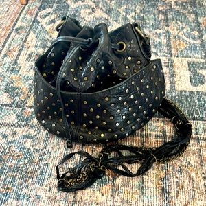 Olivia Harris Black Leather and Gold Studded Drawstring Bucket Bag - Small